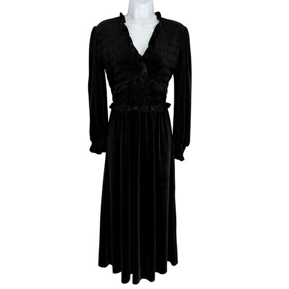 Blu Pepper Velvet Black Smocked Ruffle Maxi Dress Size S - Picture 3 of 6